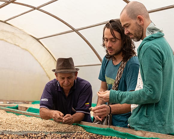 Ein Kaffeebauer zeigt Marín Rojas und einem Mitarbeiter seine Kaffeebohnen. Die Bohnen liegen ausgebreitet aus. Die Männer halten einige Bohnen in ihren Händen.